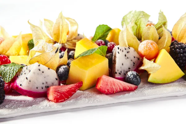 Exotic Fruit Plate or Vegan Platter with Sliced Fruits and Berri — Stock Photo, Image