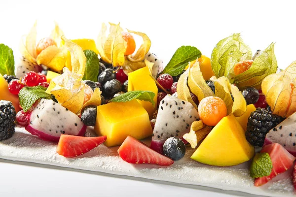 Exotic Fruit Plate or Vegan Platter with Sliced Fruits and Berri — Stock Photo, Image