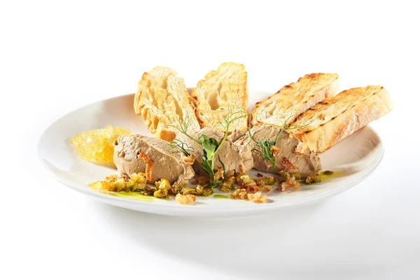 Chicken Liver Pate with Crunchy Baguette Isolated on White Backg