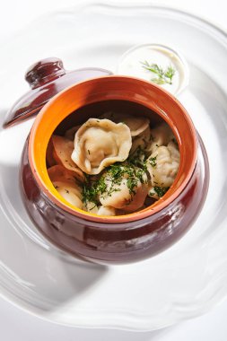 Bir kil Seramik Tencerede Geleneksel Rus Köfte