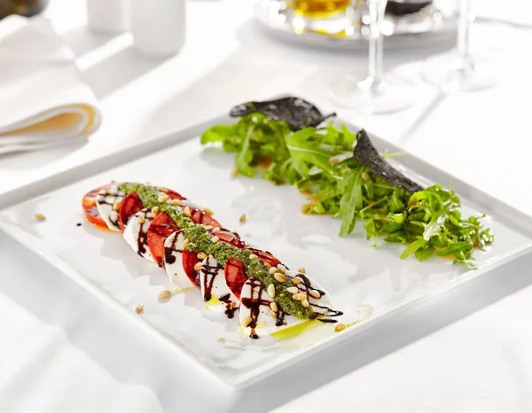 Gourmet Restaurant Delicious Dinner Food Close Caprese Salad Salad Tomatoes — Stock Photo, Image