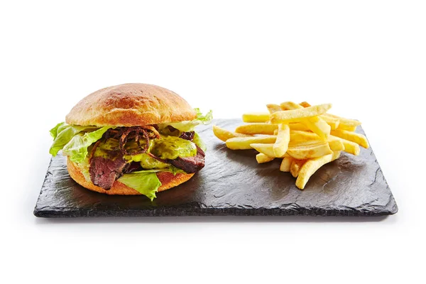 Classic Roast Beef Burger Mustard Fried Onions Lettuce Green Salsa — Stock Photo, Image