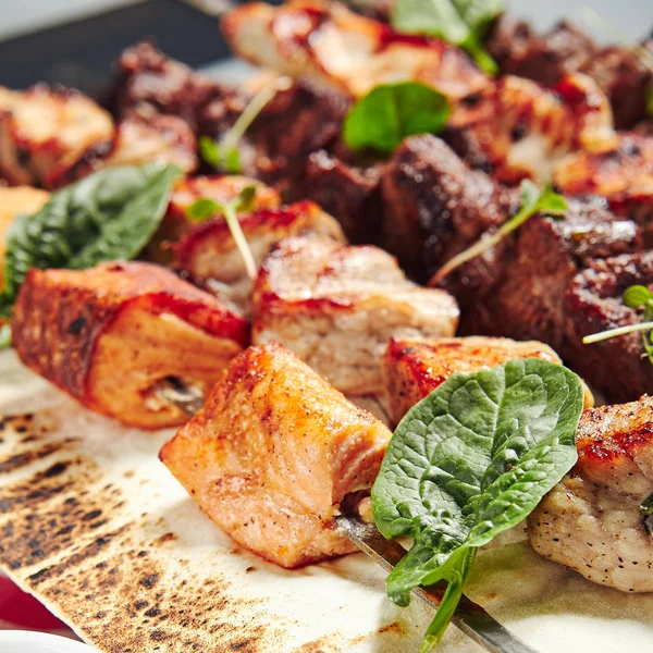 Kebabs shish de pollo, salmón y carne — Foto de Stock