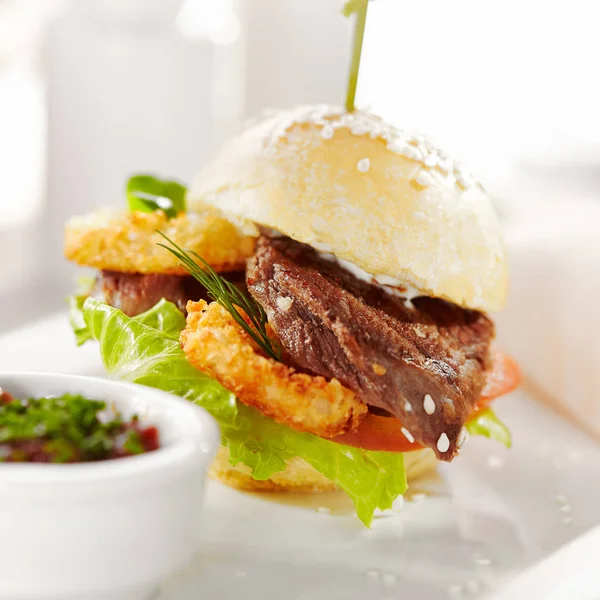 Gourmet Restaurant Delicious Dinner Food Close Sandwich Beef Deep Fried — Stock Photo, Image