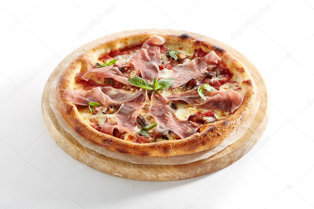 Pizza with Parma Ham Isolated on White Background