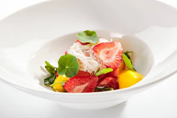 Ripe Tomato Salad with Strawberries, Crab Meat and Strachatella