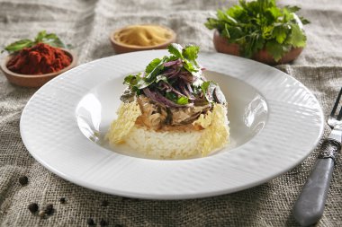 Sıcak Beef Stroganoff veya Pirinç, Soğan Halkaları ve Beef Stroganov