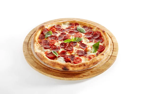 Pepperoni or Diabola Pizza with Salami, Chili Pepper Isolated on — Stock Photo, Image