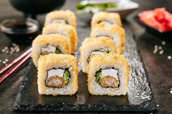 Crispy Ebi Tempura Maki Sushi Rolls or Uramaki with King Prawn