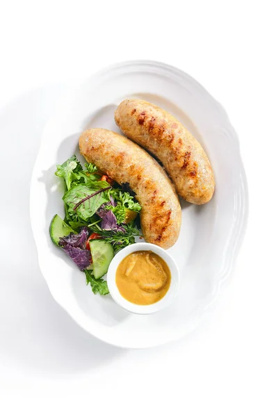 Bavarian Sausages for Frying with Mustard Sauce and Mixed Salad — Stock Photo, Image