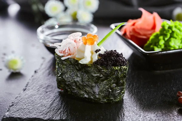 Gunkan Crab Meat Masago Caviar Asian Cuisine Restaurant Dish Menu — Stock Photo, Image