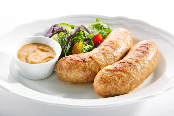 Bavarian Sausages for Frying with Mustard Sauce and Mixed Salad — Stock Photo, Image