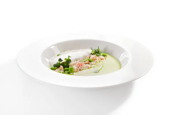 Green Pea Soup with Crab and Coconut Espuma — Stock Photo, Image