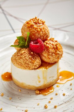 Lüks restoran tatlı manzaralı. Süslü karamel peynirli kek ve ahududulu beyaz tabak. Zarif, süslü, tatlı bir yemek. Lezzetli Yunan kremalı turtası. Şekerleme sanatı