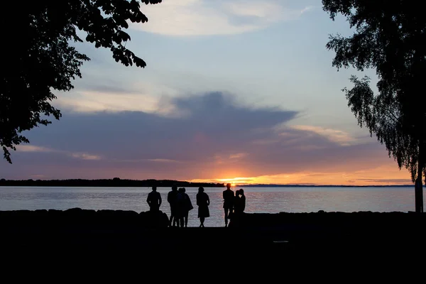 Grupp Oigenkännliga Människor Som Silhuetter Titta Solen Ner Över Vattnet — Stockfoto