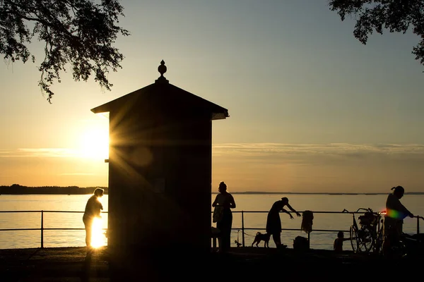 Oigenkännlig Personer Och Hund Aktiva Runt Och Vattnet Varm Sommarkväll — Stockfoto