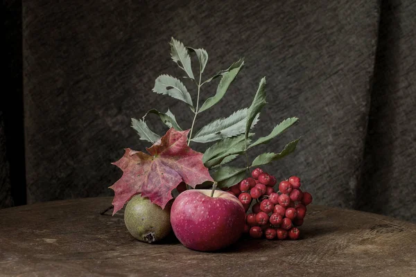 Ancienne nature morte de fruits et de feuilles d'automne — Photo