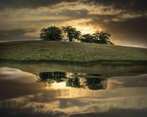 Trees Hill Reflecting Water Early Morning Sunrise — Stock Photo, Image