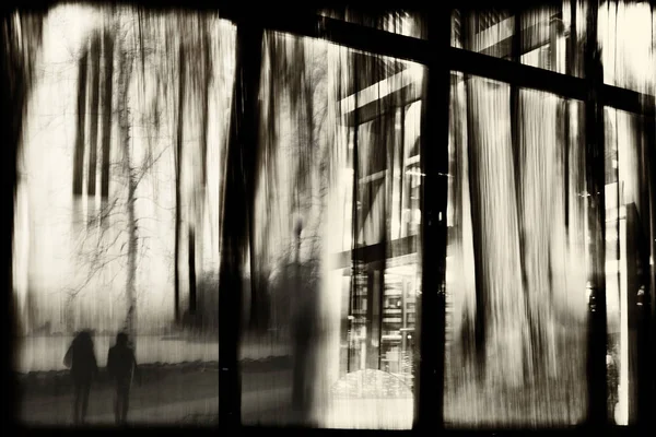 テクスチャ モーションブラーの木と人々 と都市のフレームの黒と白のモンタージュ — ストック写真