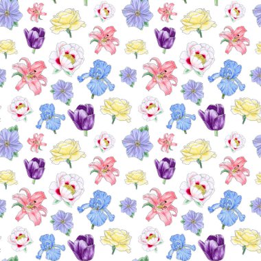 Bir el ile Seamless modeli boyalı çiçek: lily, şakayık, gül, Iris, clematis ve lale. Beyaz bir arka plan üzerinde izole. Suluboya işaretleri tarafından taklit.