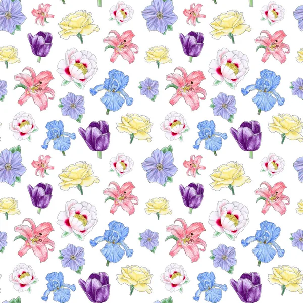 Seamless pattern with a hand painted flowers: lily, peony, rose, iris, clematis and tulip. Isolated on a white background. Imitation of watercolor by markers.
