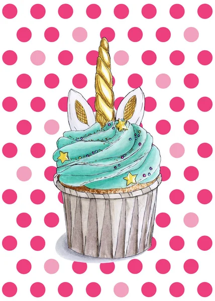 Cute unicorn cupcake with turquoise cream and golden horn on a background with raspberry dots. It can be used for card, sticker, patch, phone case, poster, t-shirt etc.