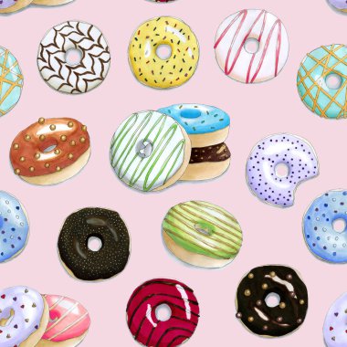 El ile Seamless modeli pembe bir arka plan üzerinde renkli donut boyalı. Kartı, telefon case, poster, tişört vb için kullanılabilir. Gıda illüstrasyon. Suluboya resim işaretleri tarafından taklit.