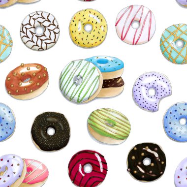 El ile Seamless modeli renkli donut boyalı. Beyaz bir arka plan üzerinde izole nesneleri. Kartı, etiket, yama, telefon case, afiş, t-shirt, kupa vb için kullanılabilir. Gıda illüstrasyon. Suluboya resim işaretleri tarafından taklit.