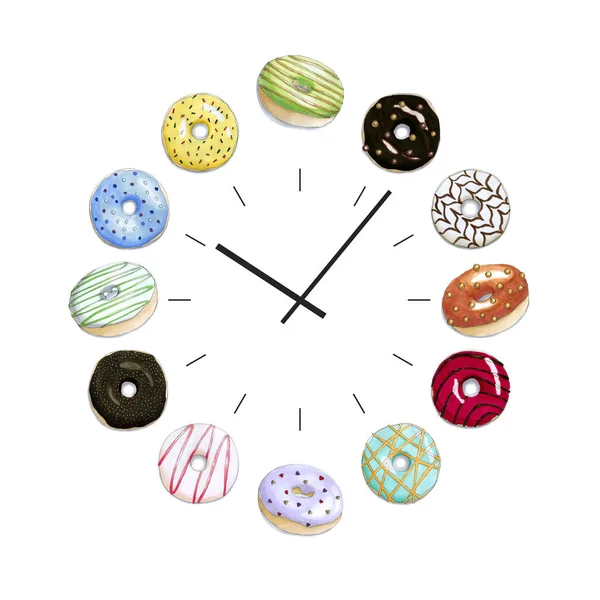 Hand drawn illustration of a clock face with a colorful set of donuts. Isolated objects on a white background. Food illustration. Imitation of watercolor illustration by markers.
