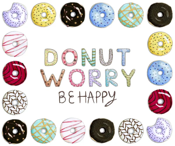 Çörek endişe olmak mutlu komik kartı çörek yazı tipi ve kare çörek çerçeve. Tebrik kartları, baskılar ve posterler için ilham verici ifade. Beyaz bir arka plan üzerinde izole. Çizilen illüstrasyon işaretleri tarafından el.