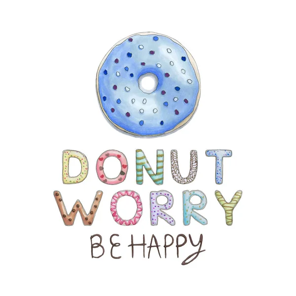 Пончик Worry Happy Смішні Картку Пончик Шрифт Смачні Пампушки Світло — стокове фото