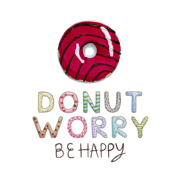 Donut Worry Happy Funny Card Donut Font Tasty Crimson Donut — Stock Photo, Image