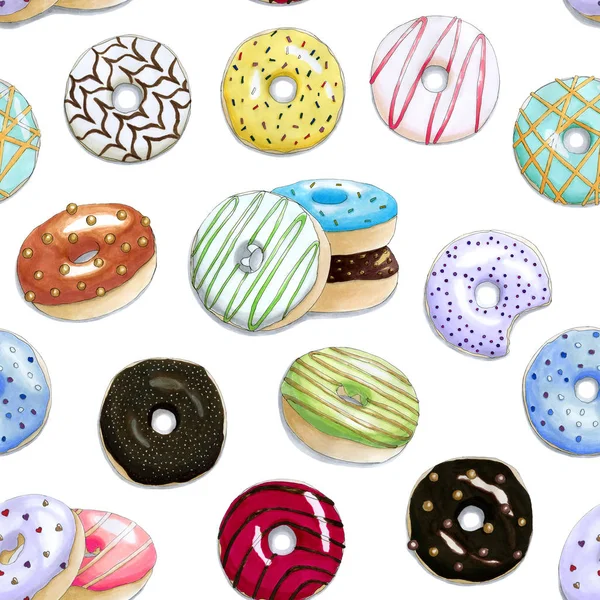 El ile Seamless modeli renkli donut boyalı. Beyaz bir arka plan üzerinde izole nesneleri. Kartı, etiket, yama, telefon case, afiş, t-shirt, kupa vb için kullanılabilir. Gıda illüstrasyon. Suluboya resim işaretleri tarafından taklit.
