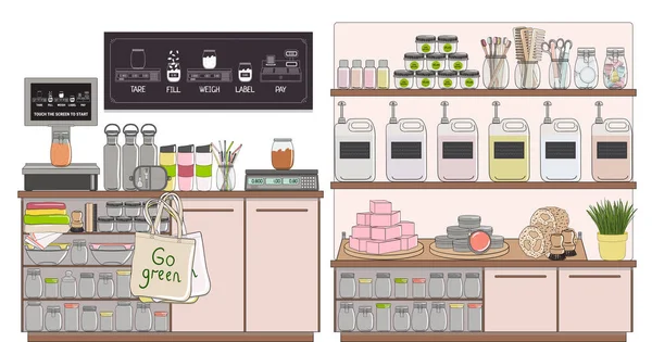 Zero Waste Beauty Shop. Großer Lebensmittelladen. — Stockvektor