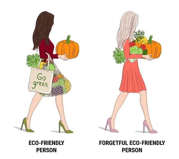 Conjunto de meninas eco-friendly com legumes e frutas —  Vetores de Stock