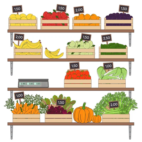 Készlet zöldségek és gyümölcsök a dobozokban — Stock Vector