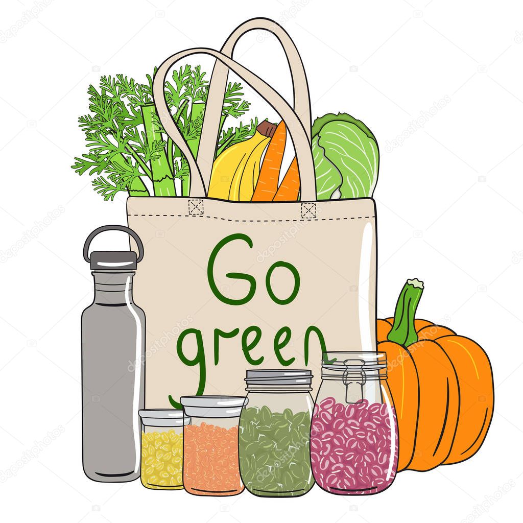 Set of shopping bag, vegetables, fruits, seeds