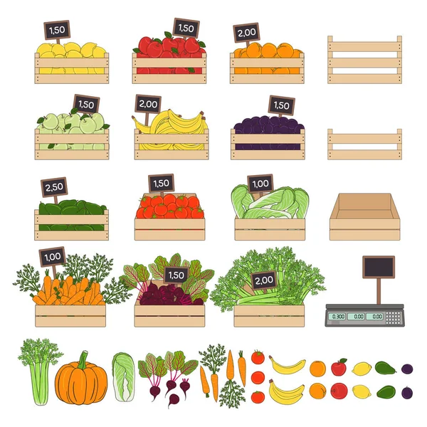 Készlet zöldségek és gyümölcsök a dobozokban — Stock Vector