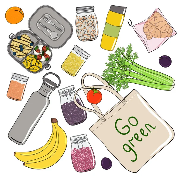 Σετ τσάντα για ψώνια, λαχανικά, φρούτα, σπόροι — Διανυσματικό Αρχείο