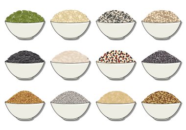 Tahıl, tahıl ve fındık paketlerini mutfak deposuna koyun. El çizimi vektör çizimi. Beyaz arkaplanda izole.