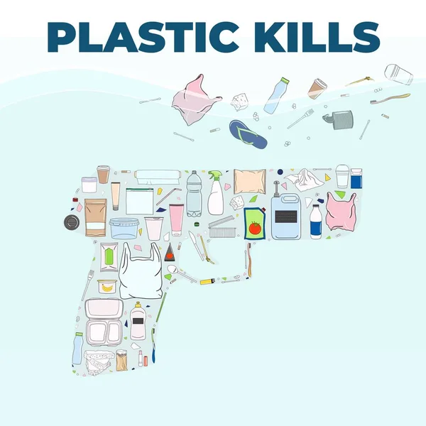 Poubelle Plastique Forme Pistolet Plastique Tue Affiche Marine Océan Pollution — Image vectorielle