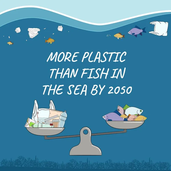 バランススケールで2050年までに海の魚よりもプラスチック 海洋と海洋のプラスチック汚染 地球環境問題 水質汚濁を防げ プラスチックはもうない 手描きベクトルイラスト — ストックベクタ