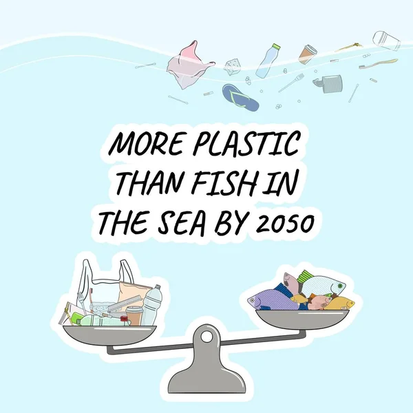 Più Plastica Che Pesce Mare Entro 2050 Scala Bilancio Inquinamento — Vettoriale Stock