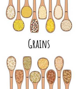 Tahıl, tahıl ve fındık paketlerini mutfak deposuna koyun. El çizimi vektör çizimi. Beyaz arkaplanda izole.
