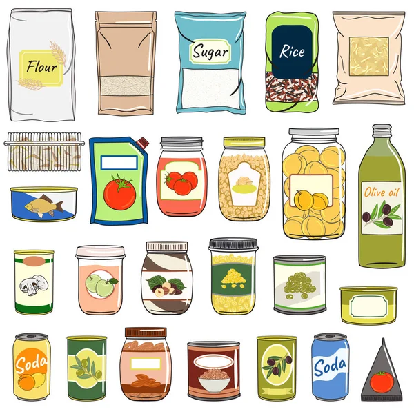 Conjunto Paquetes Cereales Granos Nueces Estante Para Almacenamiento Cocina Ilustración — Vector de stock
