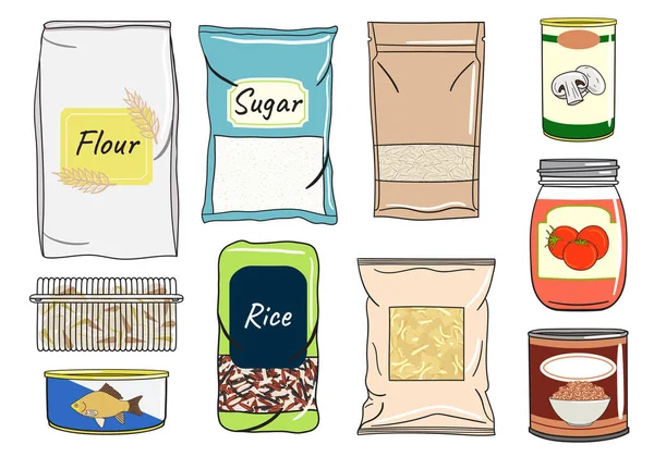 Conjunto Paquetes Cereales Granos Nueces Estante Para Almacenamiento Cocina Ilustración — Vector de stock