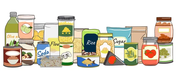 Set Packs Cereals Grains Nuts Shelf Kitchen Storage Hand Drawn — Stock Vector