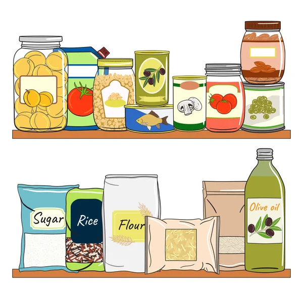 Conjunto Embalagens Cereais Grãos Nozes Prateleira Para Armazenamento Cozinha Ilustração —  Vetores de Stock