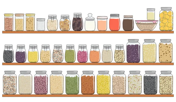 Lot Paquets Céréales Céréales Noix Sur Étagère Pour Stockage Cuisine — Image vectorielle