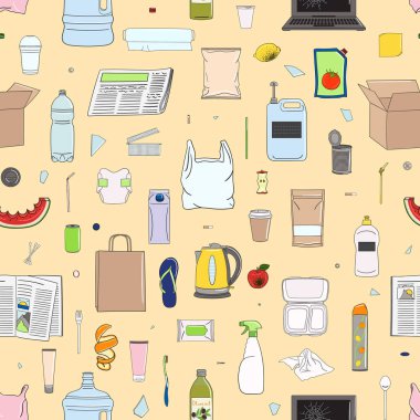 Renkli çöplerin kusursuz deseni. Organik, metal, plastik, kağıt, cam, e-atık, karışık çöp. Atık yönetimi. Çöpleri ayıklıyorum. Geri dönüşüm konsepti. Çizgi film el çizimi vektör illüstrasyonu.